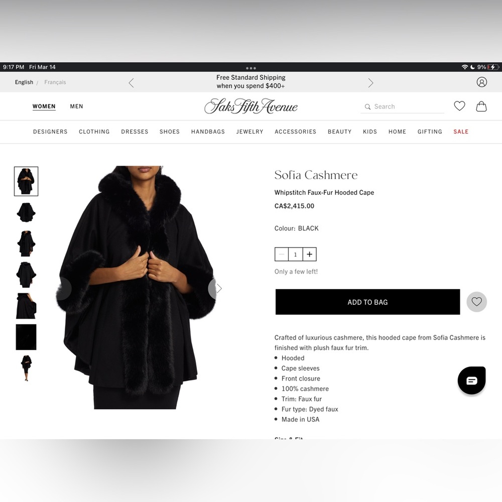 Saks Fifth Avenue faux fur Cape Retails $2,500